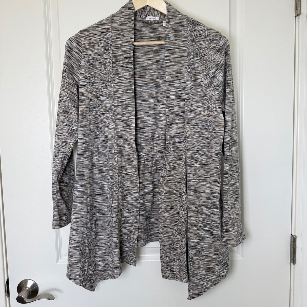 Pure Jill J Jill Cardigan Womens L Petite Gray Space Dye Open Front Sharkbite